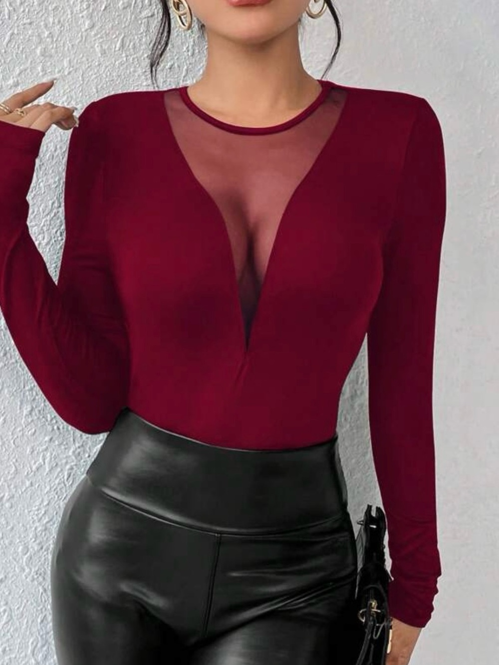 Burgundy Mesh Deep V Long Sleeve Top